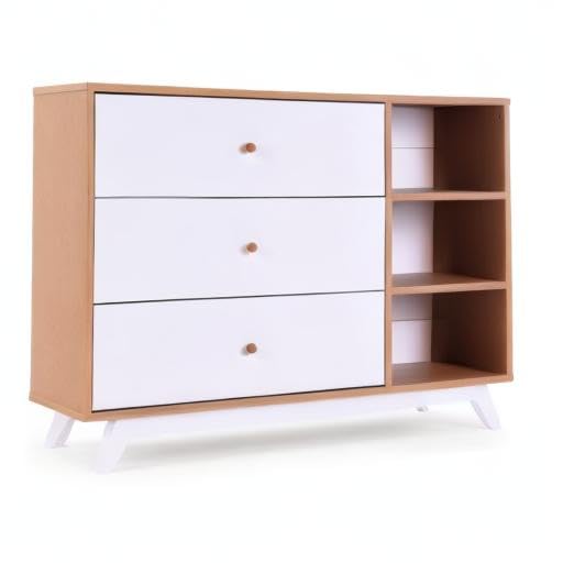 dadada Central Park 3-Drawer Dresser with Open Shelving - Modern Design, Baby-Safe Finish, Forged Steel Support, Sturdy Wood Legs, for Nursery, Kids or Teen Room, 47β Wide (White+Red Oak)