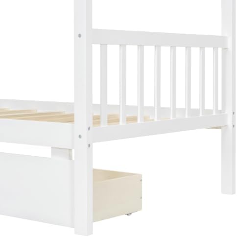 Harper & Bright Designs Twin Size House Bed for Kids, Wooden House Bed Twin with Two Drawers, Kids Twin Bed Frame with Storage,Roof Design for Girls Boys, White