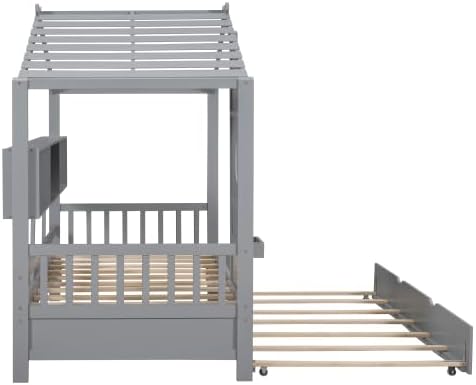 MERITLINE Kids House Bed with Trundle and Storage Shelf, Twin Size Wooden Kids Montessori Bed Frame (Grey)