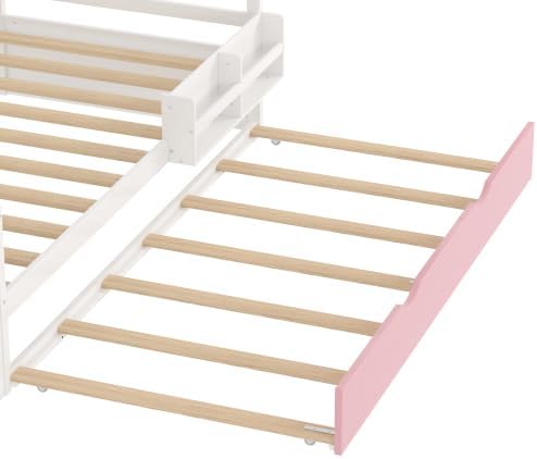 Merax Twin Size Corner Bed with Trundle and Drawers, Wooden Daybed Frame with Movable Wardrobe, Two Bookshelves, and Safety Guardrail, Twin Bed Frame for Kids, Boys Girls, Easy Assembly,Pink