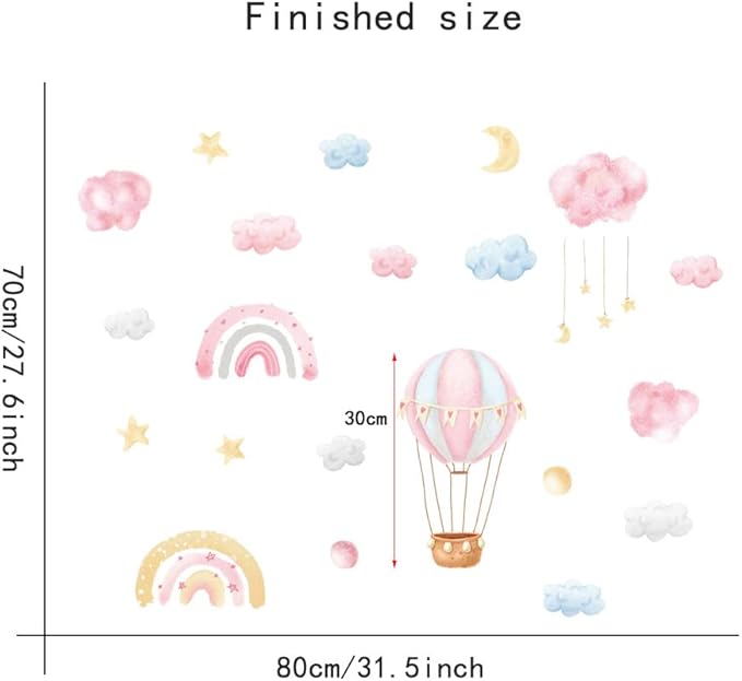 fanquare Rainbow Hot Air Balloon Wall Decals Pink Clouds Moon Stars Wall Stickers Watercolor Wall Decor for Kids Girls Bedroom Living Room Decor