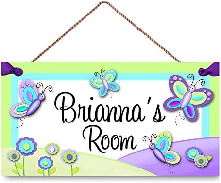 Pretty Purple and Green Butterfly Girls Bedroom Personalized Name Door Custom Wooden Plaque Sign Wall Art Décor