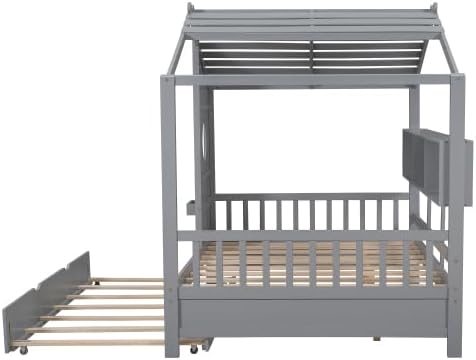 MERITLINE Kids House Bed with Trundle and Storage Shelf, Full Size Wooden Kids Montessori Bed Frame (Grey)