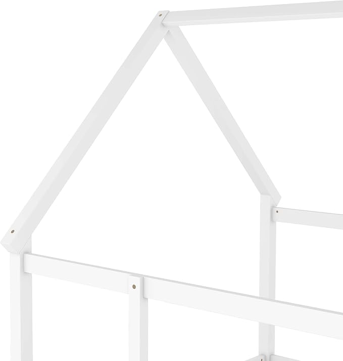 Full Size House Bed with High Fence for Kids,Full Floor Bed Frame, Kids Montessori Bed Full Size,Solid Wood House Bed Frame for Boys,Girls,White