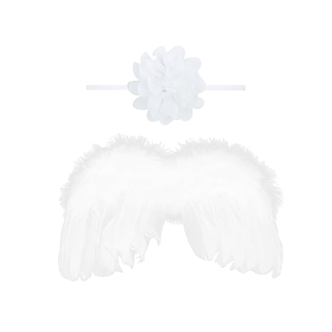 2PCS White Angel Wings With Chiffon Flower Headband For Newborn Infant Photography Props Soft Fairy Feather Wings For Toddlers Kids Girls Gifts(Color F, One Size)