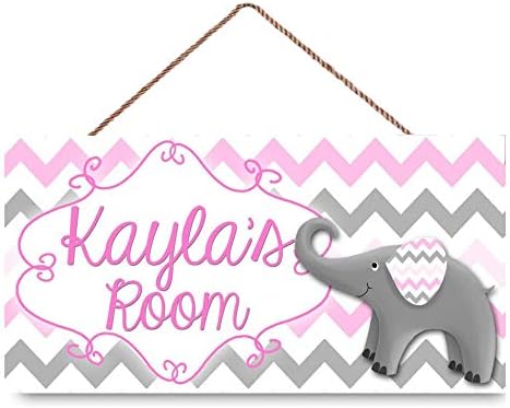 Personalized Name Girls Bedroom Baby Nursery Pink and Grey Chevron Elephant Door Custom Wooden Plaque Sign Décor
