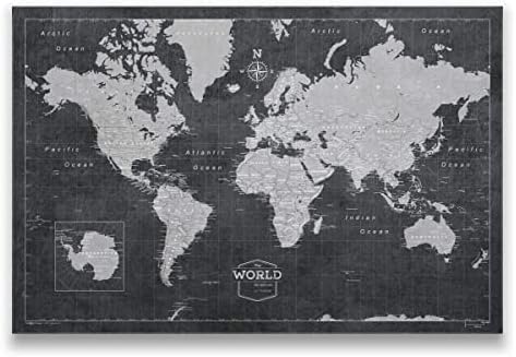 Conquest Maps World Travel Map with Pins Modern Slate Style Push Pin Travel Map Cork Board, Track Your Travels w/a Handmade Unique Canvas Pinable Map (36" x 24")