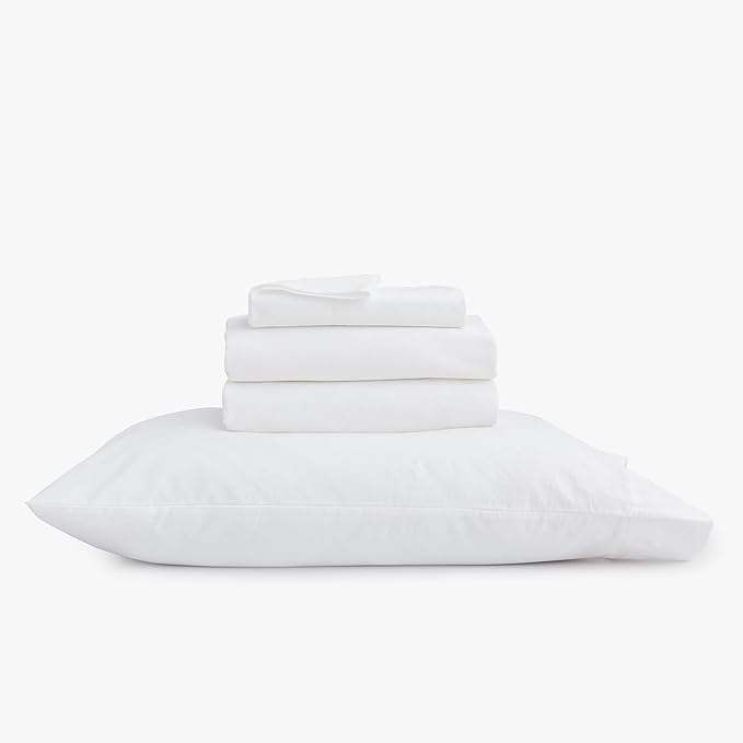 BESTOUCH Sheet Set 100% Washed Cotton Linen Feel Super Soft Comfortable Chic Lightweight 4 Pcs Home Bedding Set Solid Bright White Full