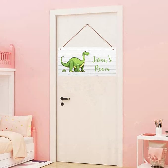 Personalized Dinosaur Sign, Cute Cartoon Art For Kids Room Custom Name Door Wall Decor, Floral Nursery Art Plate For Boys Room Girls Bedroom Little Man Cave