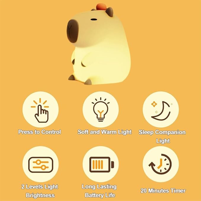 Capybara Kids Night Light, Portable USB Rechargeable Animal Light Touch Control Light, Silicone Night Light with Timer Function, Christmas Gift for Kids