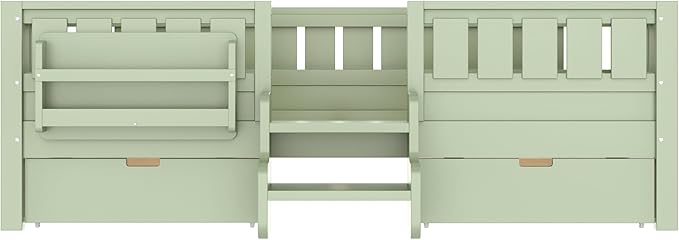 Bellemave Twin Bed with Slats and Stairs, Twin Size Platform Bed Frame with Fence, Bookshelf and Storage Drawers, Easy Assemble Beds for Kids, Girls, Boys, Green