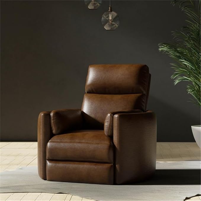 Pemberly Row Transitional Leather Power Cordless Swivel Glider Recliner in Brown with USB Charging Ports and 2 Comfort Pillows for Living Room