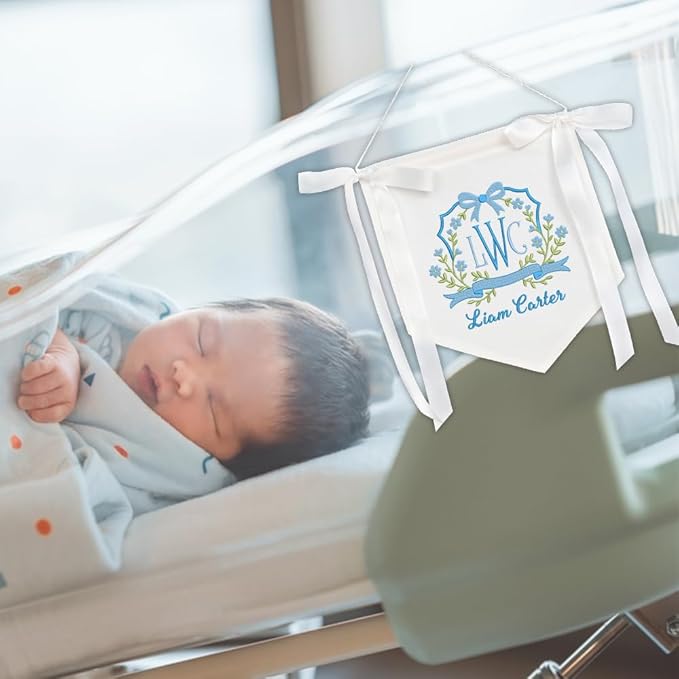 Embroidered Baby Name Sign with Bows Personalized Baby Announcement Sign Newborn Baby Banner Baby Hospital Name Sign Canvas Hanging Pennant Flag Custom Infant Baby Name Baby Shower Banner (12)