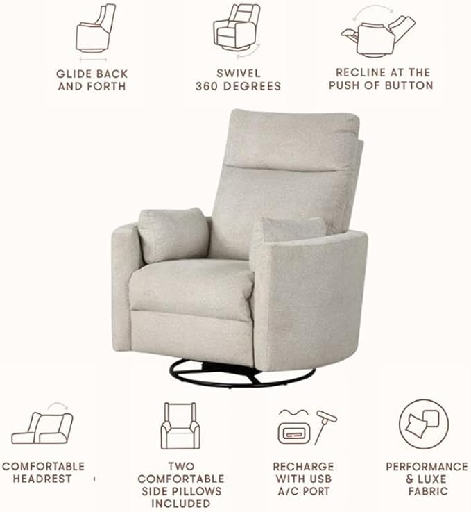 Pemberly Row Modern Polyester Fabric Swivel Recliner in Natural Quartz