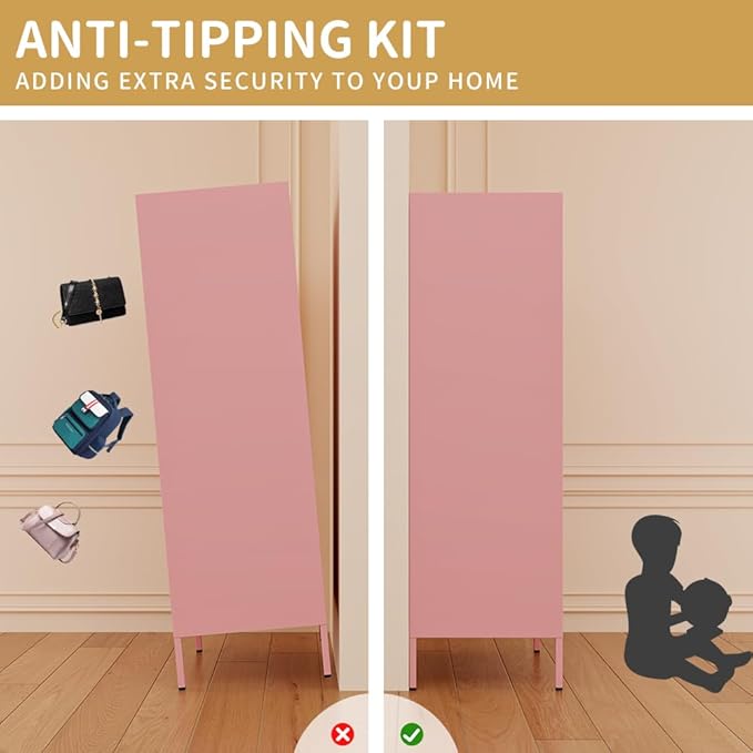 2 Door Metal Wardrobe,Classified Storage Tall Cabinet with Hanging Rod & 2 Freely Adjustable Shelves, Metal Armoire Closet for Kids Bedroom, Laundry Room,Home (Storage Cabinet, Pink)