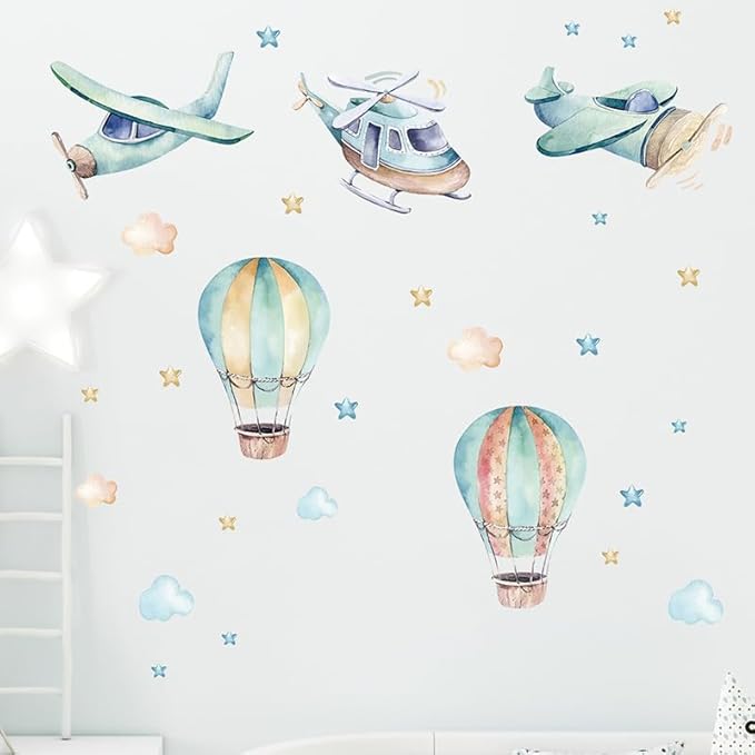 Cartoon Colorful Airplane Hot Air Balloon Wall Stickers Cloud Star Removable Vinyl Wall Decals for Kids' Rooms Nursery Classroom