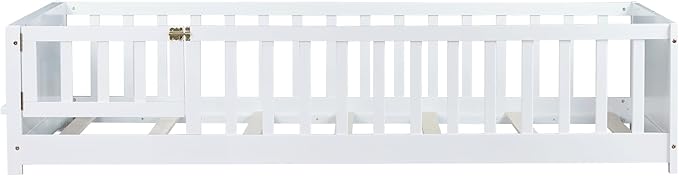 Floor Bed with Rails and Door Twin Size, Wood Montessori Floor Bed with Storage Bookcase, Kids Bed Frame with Fence for Boys Girls, White