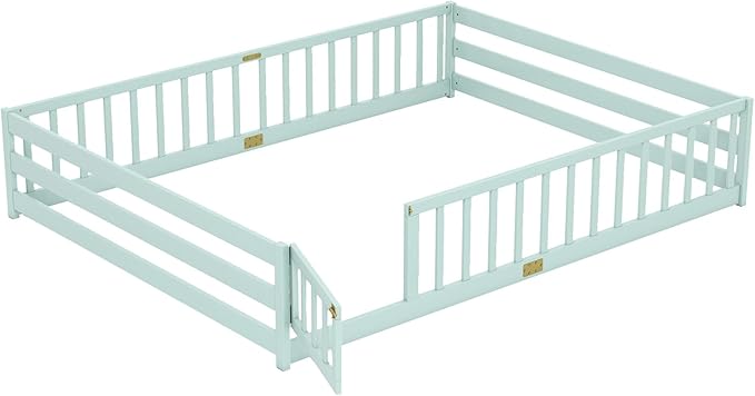KOMFOTT Queen Size Wood Floor Bed with Door & Fence, Montessori Bed Frame with Full Length Safety Guardrails, Door & Latch, Wooden Montessori Floor Bed for Kids, Girls, Boys (Queen,Light Green)