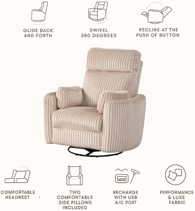 Pemberly Row Modern Large Corduroy Fabric Swivel Recliner in Ivory