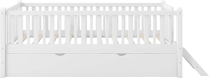 LUMISOL Twin Size Low Platform Bed Frame with Trundle, Wood Floor Bed with Ladder & Fence Guardrail for Kids Teens Girls Boys, No Box Spring Needed, White