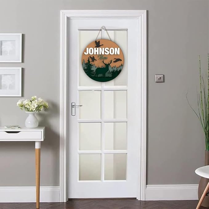Custom Bedroom Door Sign Natural Wood Circle β Jungle Theme Door Decorations with Deer and Forest β Name Sign, Nursery Decor, Boys Room Decor, Wall Hanging