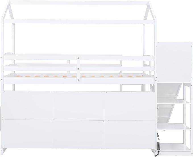 Playful Twin Size Wood House Loft Bed with Slide and Climbing Ramp, Multiple-Function Low Loft Bed Frame with Storage Shelves and Light for Kids Teens Boys Girls Bedroom (White-C)