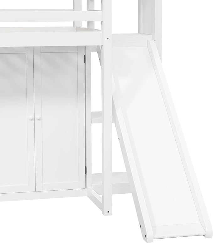 Playhouse Style Loft Bed Twin Size with Slide and Ladder, Solid Wood Loft Bed Frame with Wardrobe and Storage Shelves for Kids Teens, Maximize Space