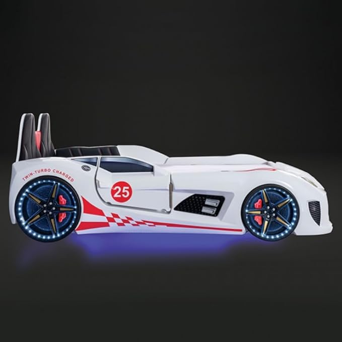 MASARA Race Car Twin Bed with LED Lights, Music Player, Magnetic Doors (White)