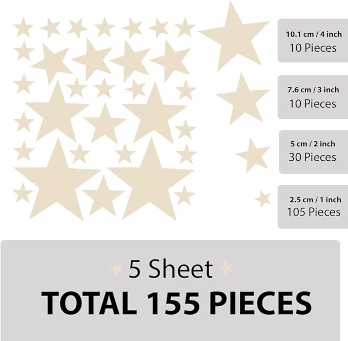 Wall Decals for Kids Room (Beige, Mix Star 155 Pcs)
