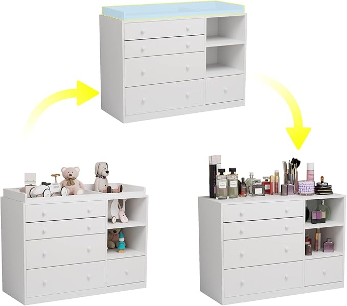 AIEGLE Nursery Baby Dresser, White Bedroom Dresser with 5 Drawers & Storage Shelves, Wood Chest of Drawers Nursery Storage Kids Organizer (47.6" W x 19.7" D x 36.1" H)