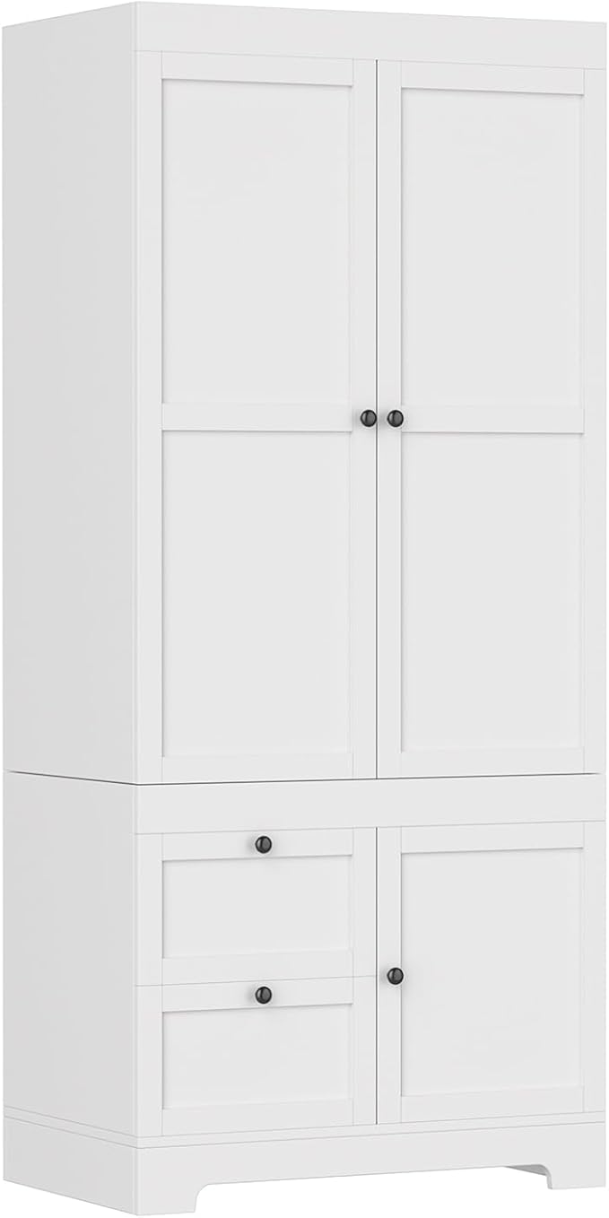 2 Doors Armoire Wardrobe Closet with 2 Drawers, Modern Modular Closet Wardrobe Cabinet with Shelves and Hanging Rod, Freestanding Wooden Armoire for Bedroom, White