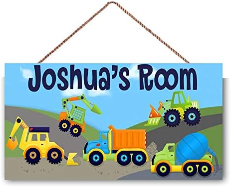 Personalized Name Lots of Trucks Bright Construction Truck Boys Bedroom Baby Nursery Door Custom Wood Plaque Sign Wall Decor Gift
