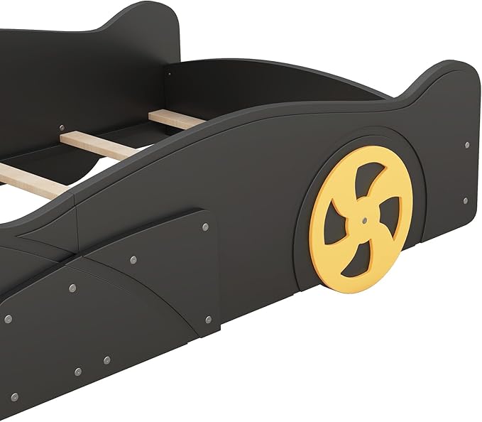 Twin Size Race Car Bed for Boys with Wheels and Storage,Kids Twin Bed Frame W/Guardrails,Race Car-Shaped Platform Bed,Toddler Car Bed for Boys,Child's Bedroom,Black+Yellow