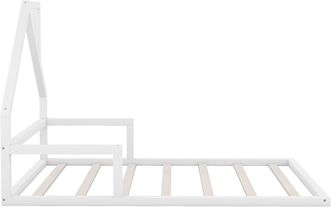 Harper & Bright Designs Full Size Floor House Bed, Montessori Floor Bed for Kids, Solid Wood Low Bed Frame for Bedroom, Playroom, Wooden Slats Support, White