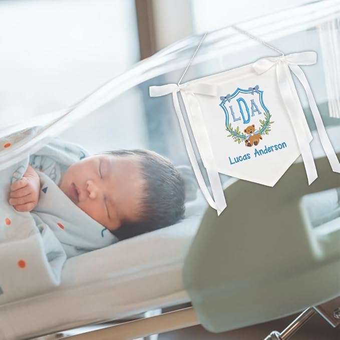 Embroidered Baby Name Sign with Bows Personalized Baby Announcement Sign Newborn Baby Banner Baby Hospital Name Sign Canvas Hanging Pennant Flag Custom Infant Baby Name Baby Shower Banner (06)