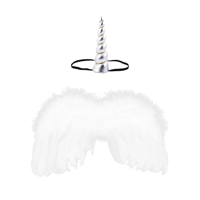 2PCS White Angel Wings With Silver Unicorn Headband For Newborn Infant Photography Props Soft Fairy Feather Wings For Toddlers Kids Girls Gifts(Color E, One Size)