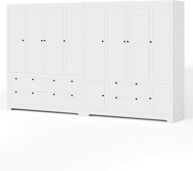 White Large Wardrobe Closet, 8 Door 71" Tall White Wooden Freestanding Storage Armoire – Oversize Capacity Modular Cabinet with Drawers, Space-Saving Durable Design for Bedroom & Closet Organization