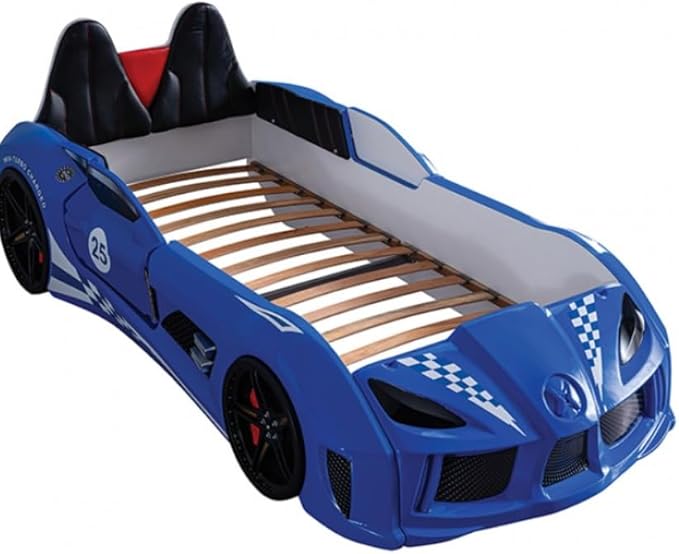 MASARA Race Car Twin Bed with LED Lights, Music Player, Magnetic Doors (Blue)