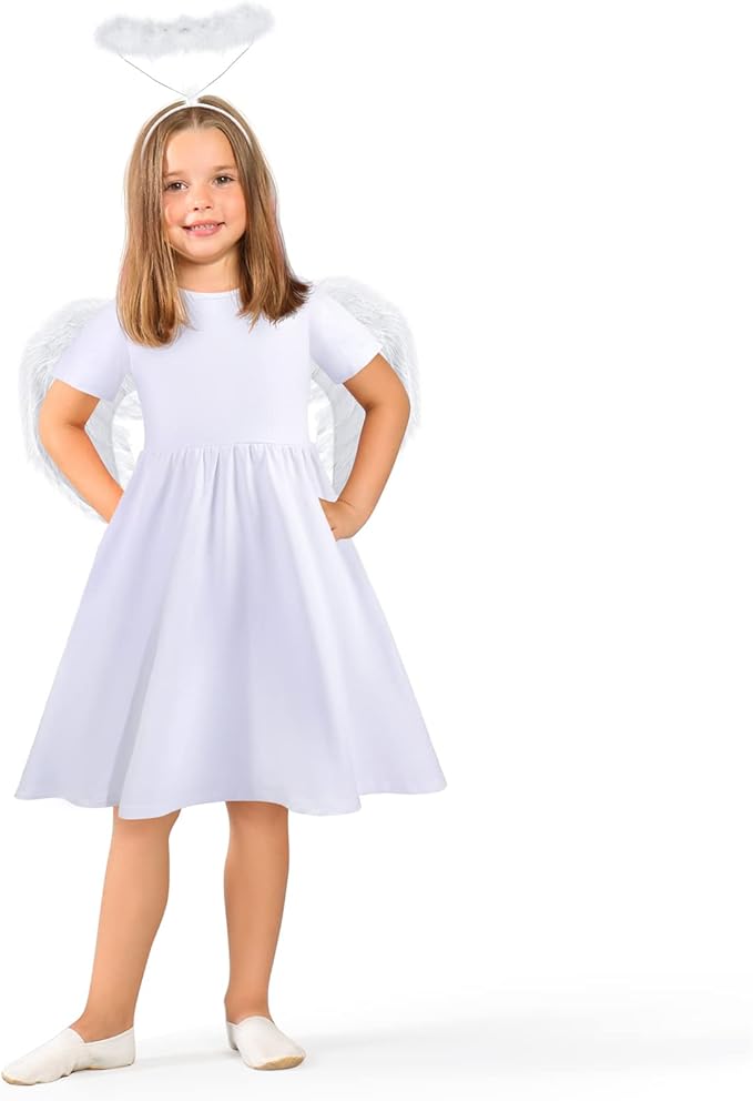 Haysandy 3 Pcs Christmas Angel Costumes for Kids Girls Set Fairy Dress Angel Feather Wings Headband for Xmas Dress up Cosplay