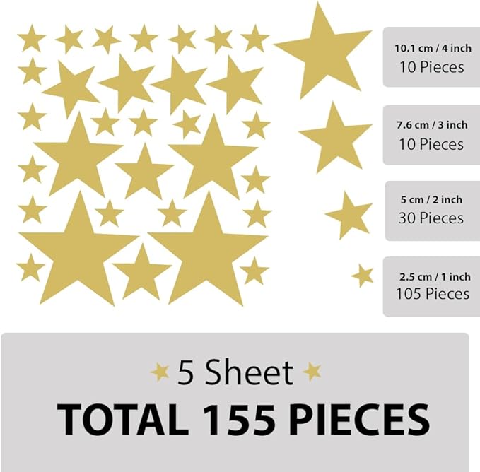 155 Pcs Gold Star Wall Decals - Decorative Stickers for Nursery, Kids Room, Bedroom (1-4 Inch, Mix Sizes)