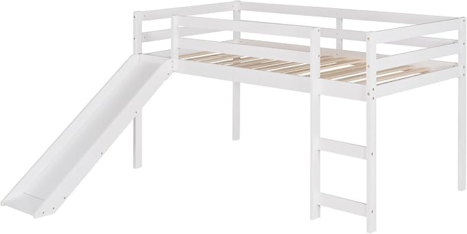 Loft Twin Bed Frame for Boys Girls Kids Toddler with Slide, Multifunctional Design, Twin (White)