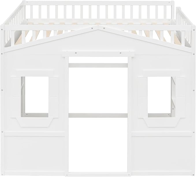 Full Size Loft Bed with Safety Guardrail for Kids Boys Girls, Playhouse Design Solid Wood Loft Bed Frame with Ladder and Windows, Strong Wood Slats Support, Space-Saving (White)