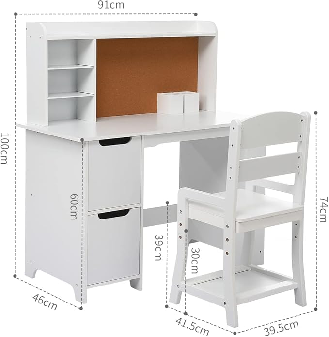 White Study Desk and Chair Set with Bookshelf, Bulletin Board, and Cabinets - Ideal for Boys and Girls Ages 3-8