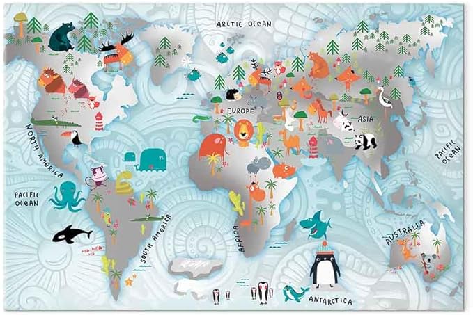artgeist Canvas Wall Art Print World Map for Children 35x24 in - 1pcs Home Decor Framed Stretched Picture Photo Painting Artwork Image - Animals Kids Blue Kindergarten k-C-0136-b-a