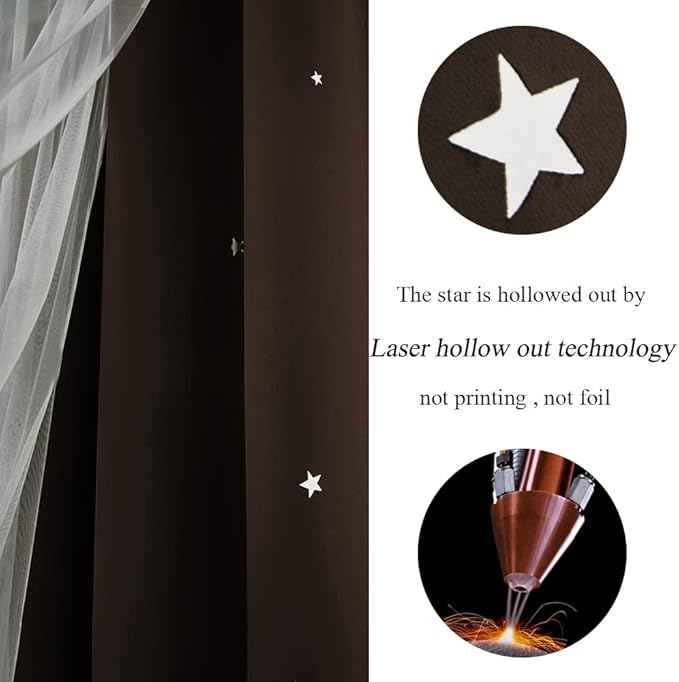 Kinryb Star Cutout Blackout Curtains Double Layer Curtains with Durable Sheer Curtains for Bedroom Thermal Insulated Window Treatment Set with 2 Free Tiebacks (52W x 72L 2 Panels Chocolate)