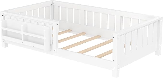 Bellemave Twin Floor Bed with Slats and Safety Guardrail, Twin Size Montessori Floor Bed with Fence and Built-in Bookshelf, Easy Assemble Montessori Beds for Kids, Girls, Boys, White