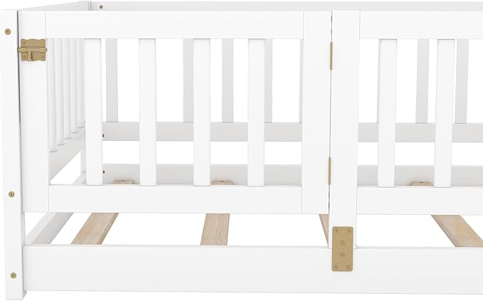 Twin Size Floor Bed Frame with Door and Slats,Montessori Floor Bed with Safety Guardrails for Girls Boys,Solid Wood Kids Montessori Bed Twin Size,White