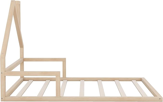 Harper & Bright Designs Full Size House Floor Bed, Montessori Floor Bed for Kids, Solid Wood Low Bed Frame for Bedroom, Playroom, Wooden Slats Support, Natural