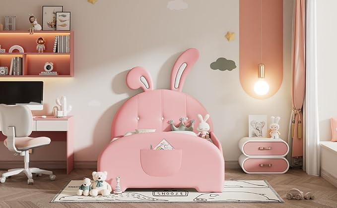 Harper & Bright Designs Twin Size Upholstered Rabbit Shape Princess Bed Frame for Boys Girls Kids Adults Toddler, Twin Size Platform Bed with Headboard and Footboard,Pink