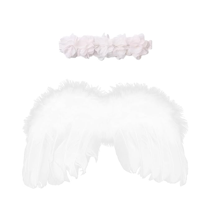 2PCS White Angel Wings With Flower Headband For Newborn Infant Photography Props Soft Fairy Feather Wings For Toddlers Kids Girls Gifts(Color B, One Size)